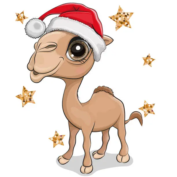 Vector illustration of Cute cartoon camel in Santa hat