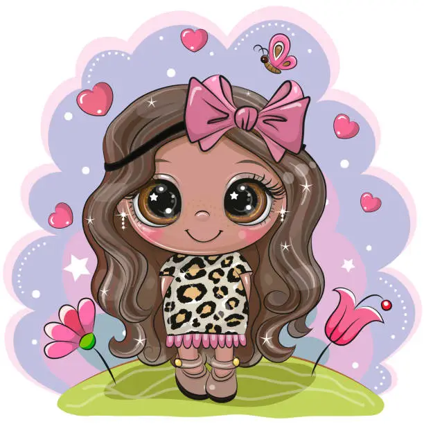 Vector illustration of Cute Cartoon Girl with butterfly