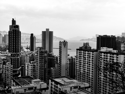 View of To Kwa Wan residential district skyline from Quarry hill, Kowloon peninsula, Hong Kong.