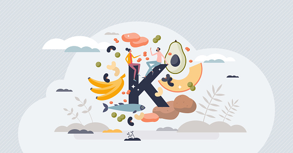 Potassium in food as natural mineral source for health tiny person concept. Healthy eating with organic nutrients and vitamins vector illustration. Nutrition rich diet for vegetarian daily lifestyle.