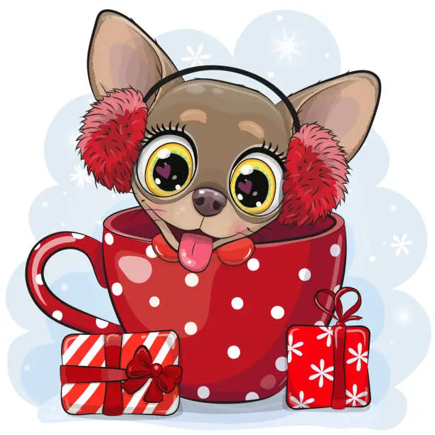 Vector illustration of Cute Cartoon Chihuahua in a fur headphones in a red Cup