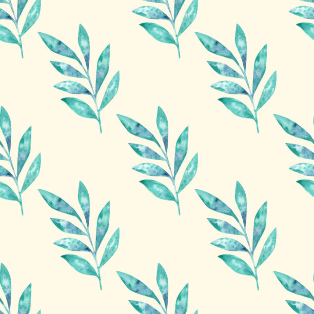 illustrations, cliparts, dessins animés et icônes de motif d’aquarelle avec des feuilles, des branches, dessiné à la main. bleu, turquoise sur fond blanc. - autumn branch leaf backgrounds