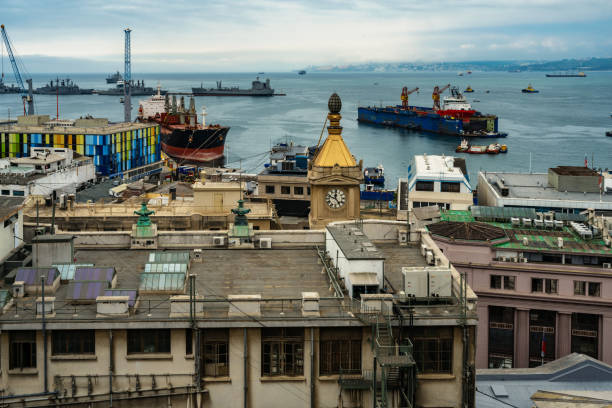 panoramic view on the freight harbor of Valparaiso-Chile from the hills to the sea