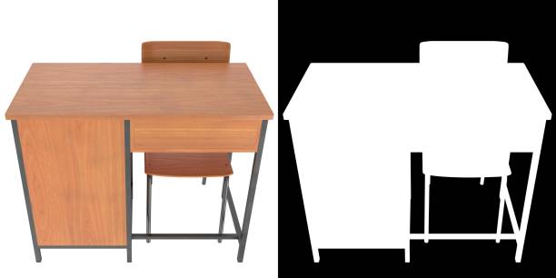 3D rendering illustration of a wide classroom table desk with side shelves