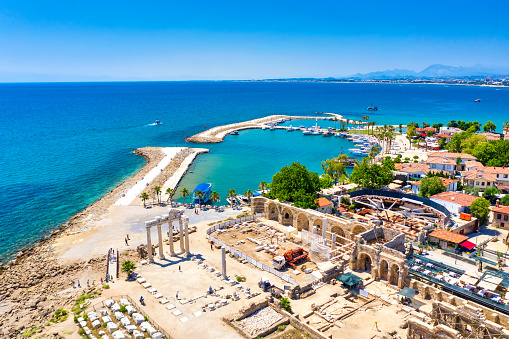Aerial top drone view of ancient Side town with Apollon Temple, Antalya Province in Turkey.