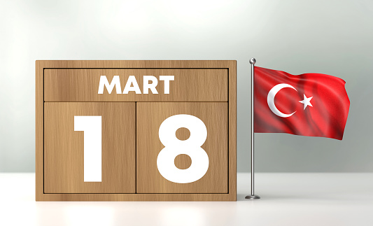 18 Mart Çanakkale Zaferi. Wooden Calendar And Turkish Flag