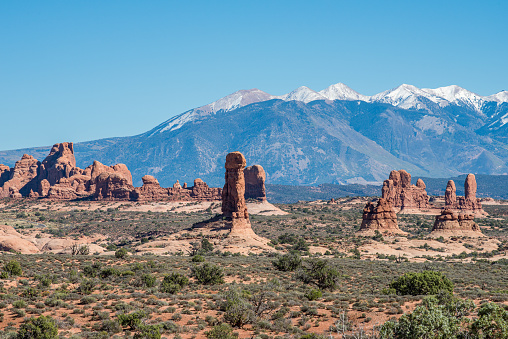 Arches National Park and La Sal Mountains near Moab during early October in Utah