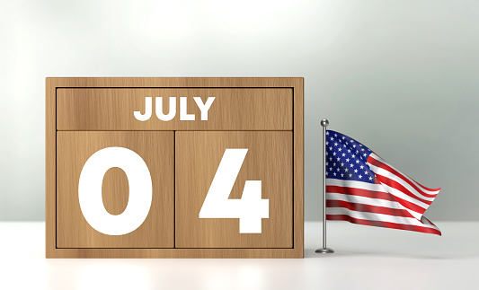 July 4 And Independence Day. Wooden Calendar And USA FLAG