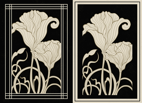 Art nouveau style flower plant motif template. 1920-1930 years vintage design. Symbol motif art deco design. Vector illustration.