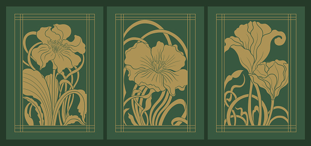 Art nouveau style flower plant motif template. 1920-1930 years vintage design. Symbol motif art deco design. Vector illustration.
