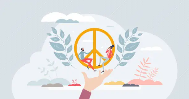 Vector illustration of Nonviolence, peace and humanity friendship symbols tiny person concept