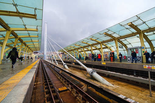 Turkey, istanbul - March 9, 2024 :View of Halic Train station, one of the most crowded) locates above golden horn as a bridge station.