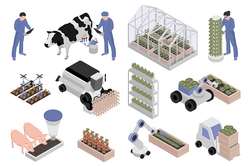 Greenhouse farming isometric elements constructor mega set. Creator kit with flat graphic farmers, livestock, smart planting automation machinery, harvesting. Vector illustration in 3d isometry design