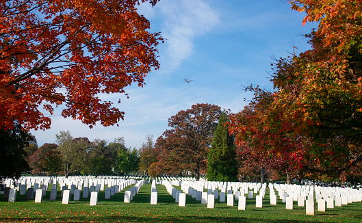 Arlington County, United States – November 11, 2021: An aircraft soaring above Arlington National Cemetery