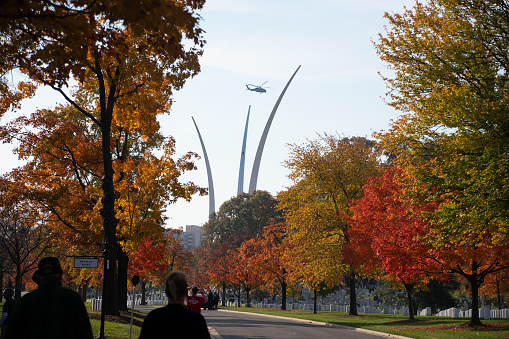 Arlington County, United States – November 11, 2021: The Air Force Memorial with a fall foliage background