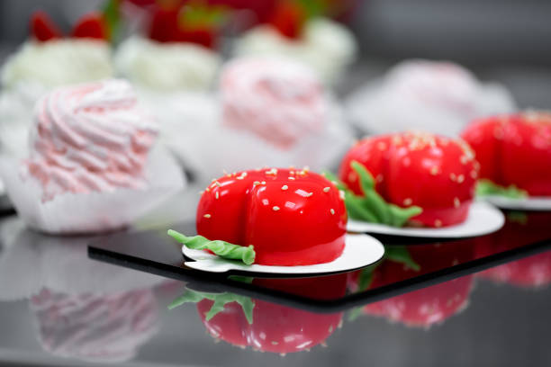 Handmade desserts are on the table in the pastry shop