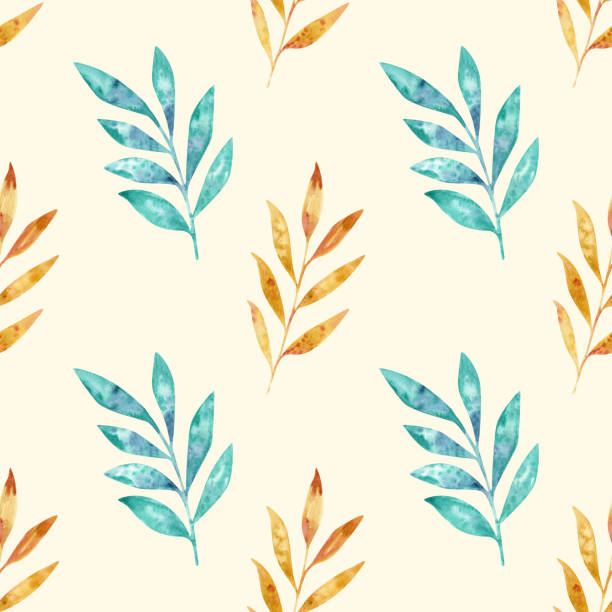 illustrations, cliparts, dessins animés et icônes de motif d’aquarelle avec des feuilles, des branches, dessiné à la main. jaune, orange, bleu, turquoise sur fond beige. - autumn branch leaf backgrounds