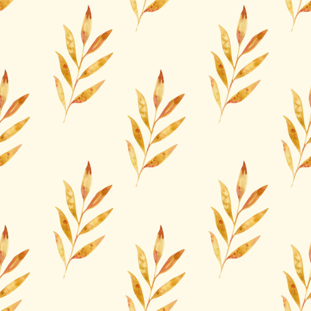 illustrations, cliparts, dessins animés et icônes de motif d’aquarelle avec des feuilles, des branches, dessiné à la main. jaune, orange sur fond beige - autumn branch leaf backgrounds