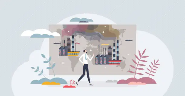 Vector illustration of Carbon leakage as company strategy to move CO2 factory tiny person concept