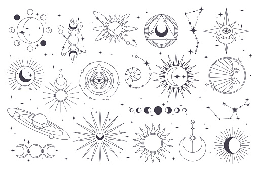 Set of astronomy or astrology icon. Vector celestial or sky sign. Moon and sun, saturn planet and horoscope constellation print. Universe and cosmos, galaxy and lunar label or sticker, design element