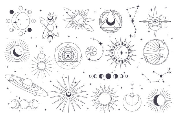 Set of astronomy or astrology icon. Vector signs Set of astronomy or astrology icon. Vector celestial or sky sign. Moon and sun, saturn planet and horoscope constellation print. Universe and cosmos, galaxy and lunar label or sticker, design element star constellation tattoo stock illustrations