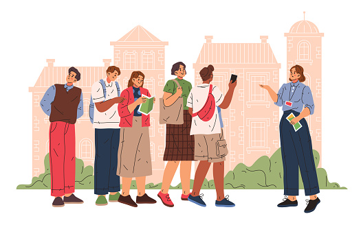 Vector illustration of touristic group at excursion with speaker or guide. Outdoor city sightseeing for tourist or traveler characters. Historical exposure or exposition, cultural or architecture tour