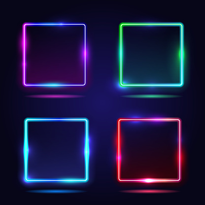 Set of vector gradient neon frames. Isolated light square or led rectangle, glowing shape or ui border. Electric box for disco or party, bar or club show label or sign. Line element for background