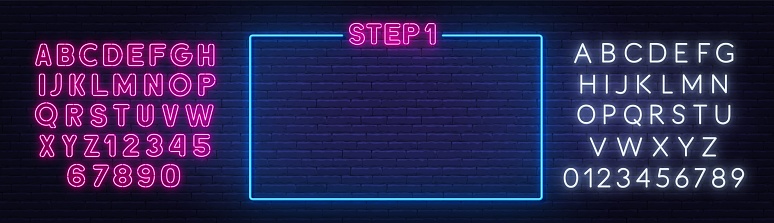 Neon step1 sign in a frame on brick wall background. Pink and white neon alphabets.