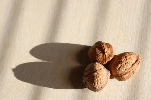 Three walnuts stand on a light table near a window in the house photo