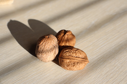 Three walnuts stand on a light table near a window in the house photo