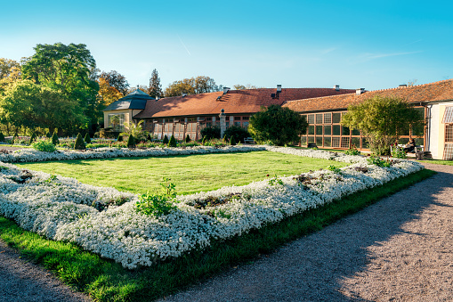 Flowers in the garden park of Belvedere in Weimar, Germany\nA beautiful country house with a vibrant flower garden in full bloom under a clear blue sky, depicting rural tranquility.