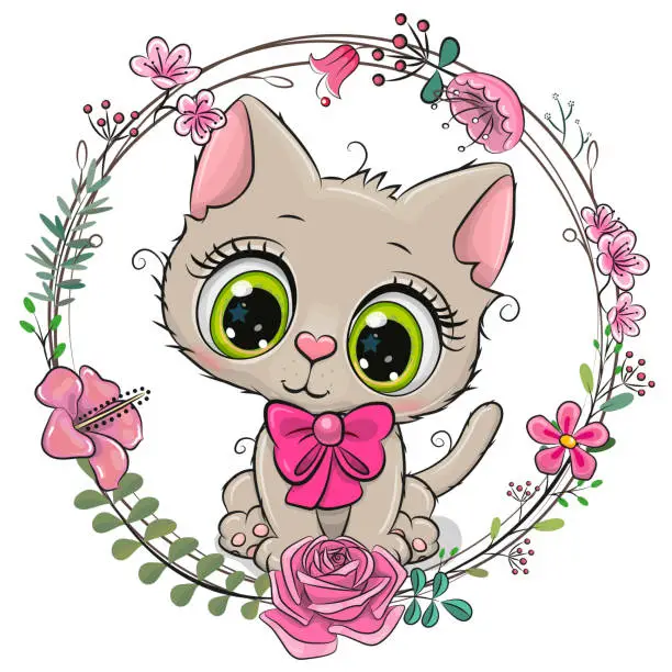 Vector illustration of Cartoon White kitten with a floral wreath
