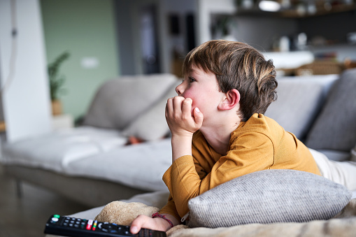 A child watching TV in the sofa
