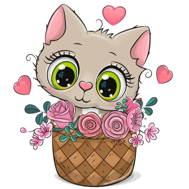 Vector illustration of Cute cartoon Kitty in a basket of flowers