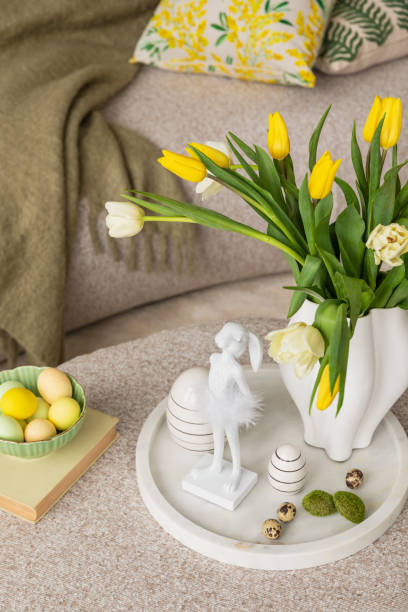istock Beautiful and stylish dining room interior. The magic of the holidays. Easter table with decorations. Template. 2075435708