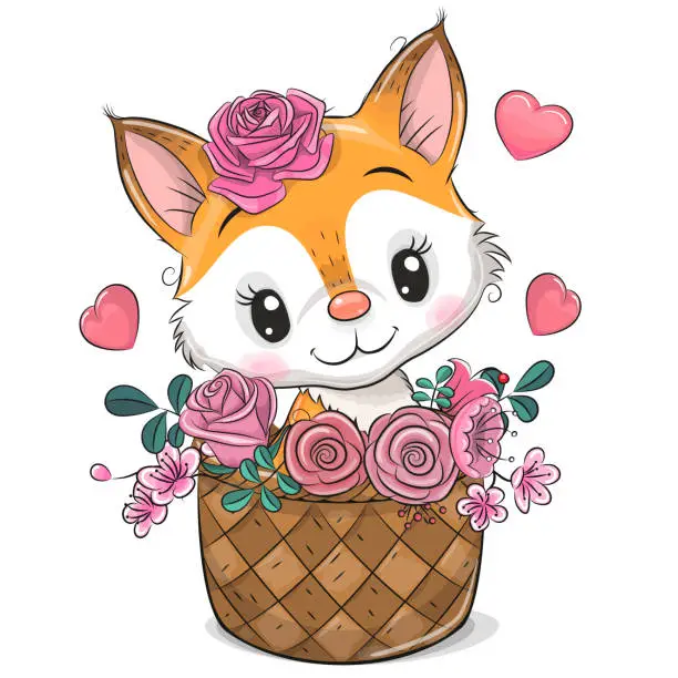 Vector illustration of Cartoon fox in a basket of flowers on a white background