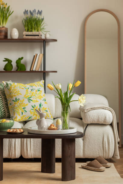 istock Beautiful and stylish dining room interior. The magic of the holidays. Easter table with decorations. Template. 2075437368