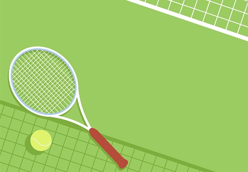 Aerial view of a green tennis court with a tennis ball, net and racket. Shade of tennis net. Outdoor sports and activities banner. Tournament game promotion background. Place for text.