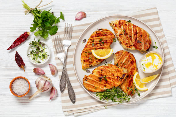 istock juicy grilled chicken cutlets on plate, top view 2075442192