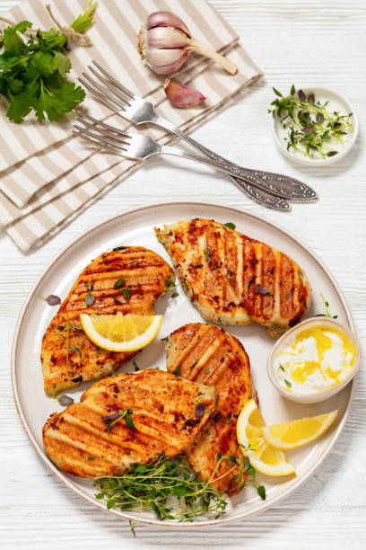 istock juicy grilled chicken cutlets on plate, top view 2075442706