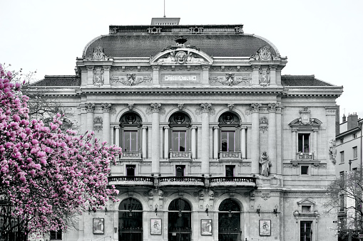 Famous black and white an pink Celestins theatre at spring in Lyon.