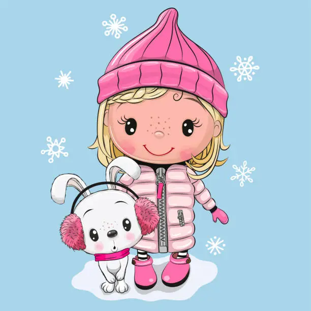 Vector illustration of Cute Cartoon girl in a coat and a bunny