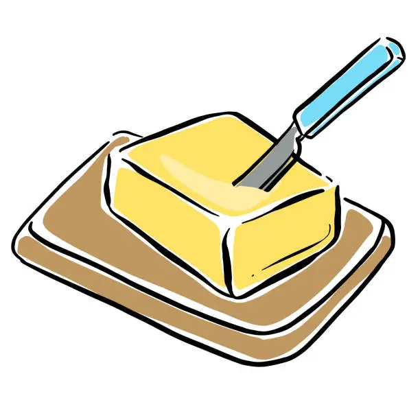 Vector illustration of A Block of Butter on a Butter Stand and Knife Cartoon Illustration Vector