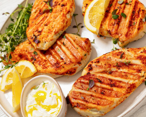istock juicy grilled chicken cutlets on plate, top view 2075443777