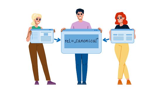 coding canonical tag  vector.  description code, html metadata, h1 search coding canonical tag character. people flat cartoon illustration