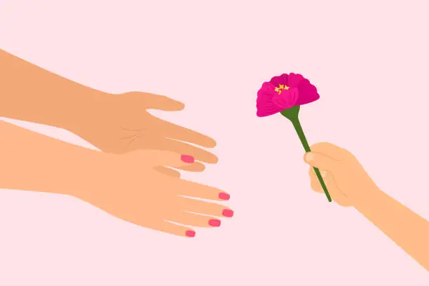 Vector illustration of Child Giving Flower To Mother On Mother's Day. Close-up View Of Hands On Pink Background