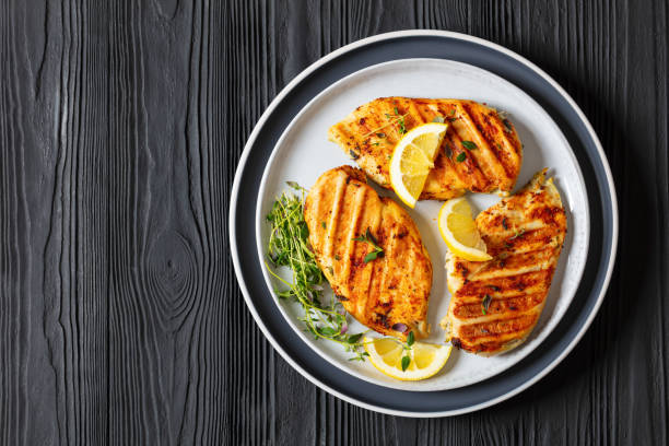 istock juicy grilled chicken cutlets on plate, top view 2075449671