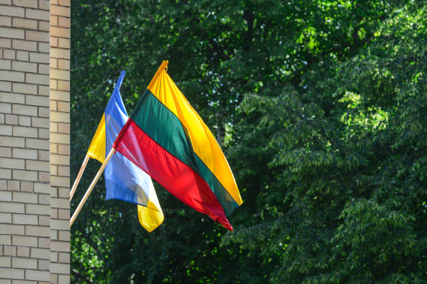 Lithuanian and Ukrainian flags, green tree in the background