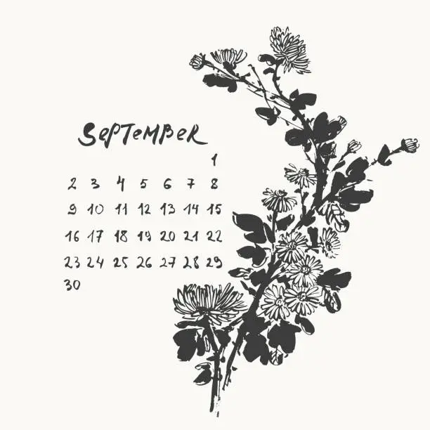 Vector illustration of September month calendar page with hand drawn ink chrysanthemum flowers asian style