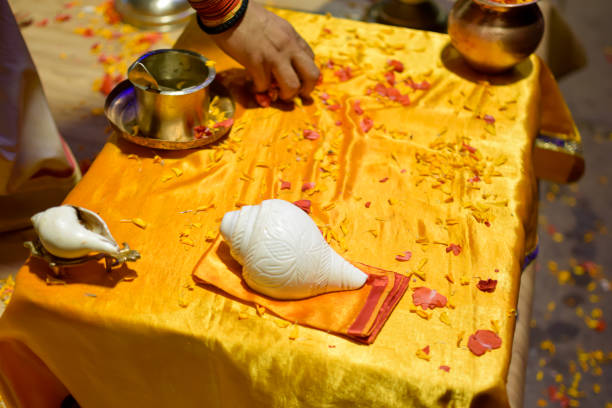 istock Top view Objects of Aarti ceremony used by Pujaris on Ganges on golden table 2075453670